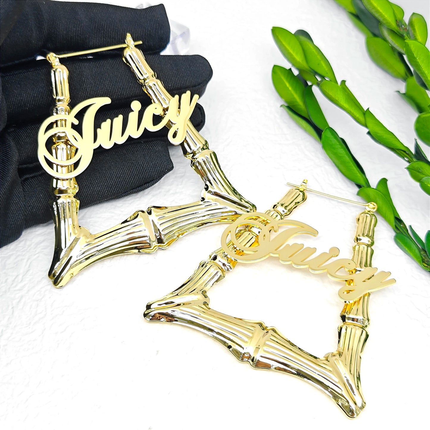 18k Gold Bamboo Custom name hoop earrings, Big Statement Bamboo name earrings