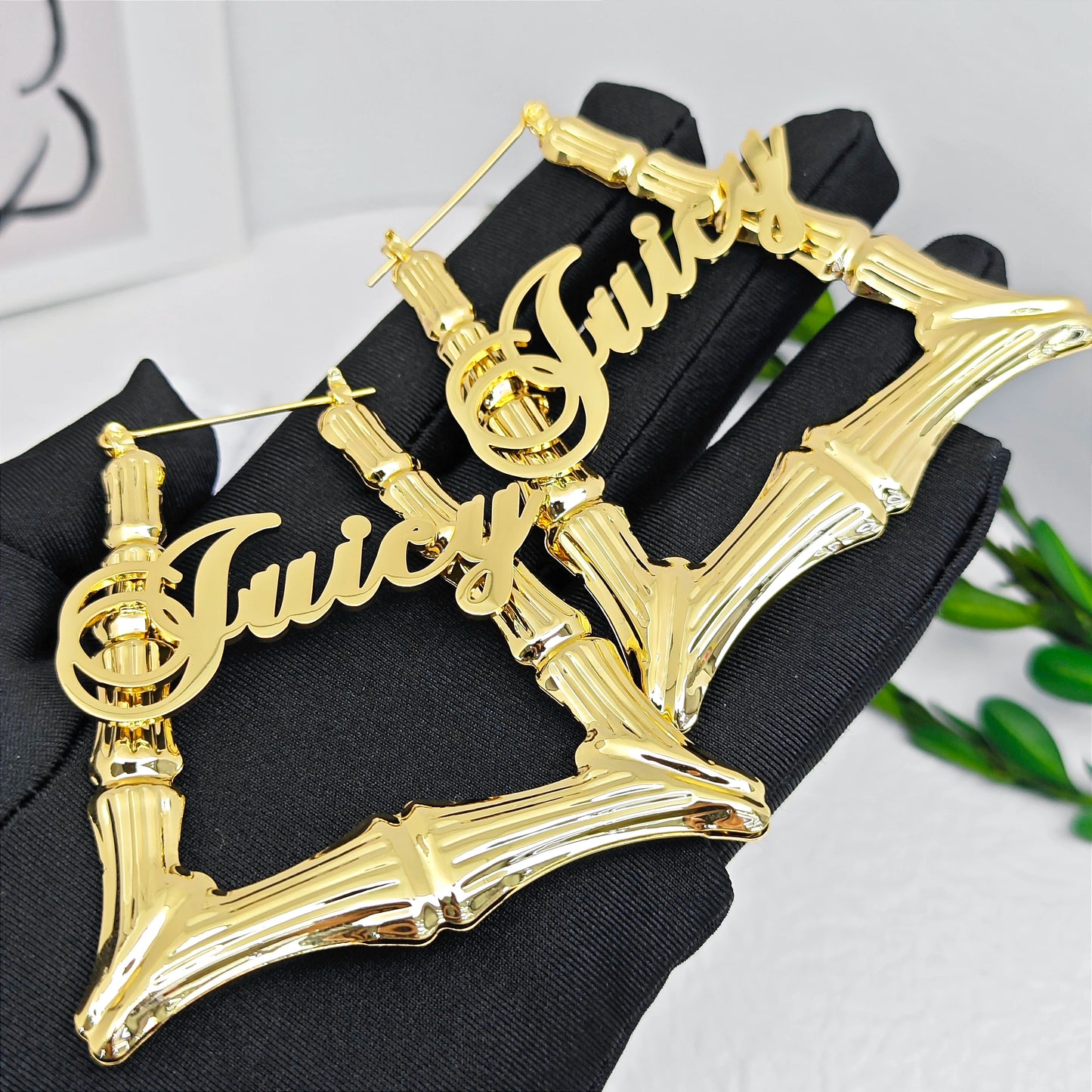 18k Gold Bamboo Custom name hoop earrings, Big Statement Bamboo name earrings