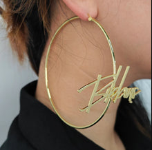 Load image into Gallery viewer, Custom Hoop Name Earrings  J-Lo Inspired Name Hoops Personalised  Exaggerated Custom Hoops Name Earrings  Personalized Earring  Front design
