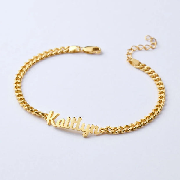 18k gold Name Bracelet , Gold Name Bracelet , Curb chain bracelet , Personalized Jewelry