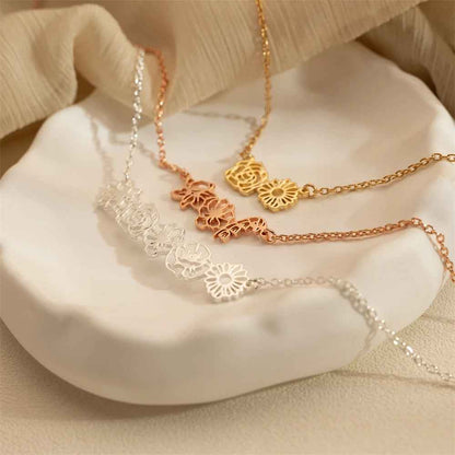 Dainty Birth flower Necklace , 18K Gold Birth Flower Bouquet Necklace, Birth flower Family Gift