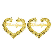 18k Gold Heart Bamboo Name Earrings , Custom Hoop Earrings