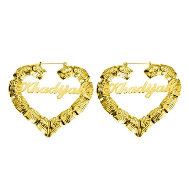 18k Gold Heart Bamboo Name Earrings , Custom Hoop Earrings