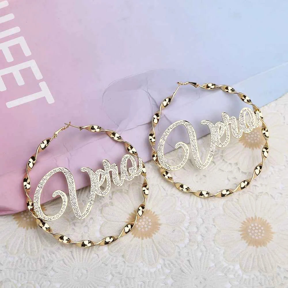 Custom Hoop Earrings ,Bling Name Earring ,Name Hoop Earrings , Big Hoop Earring