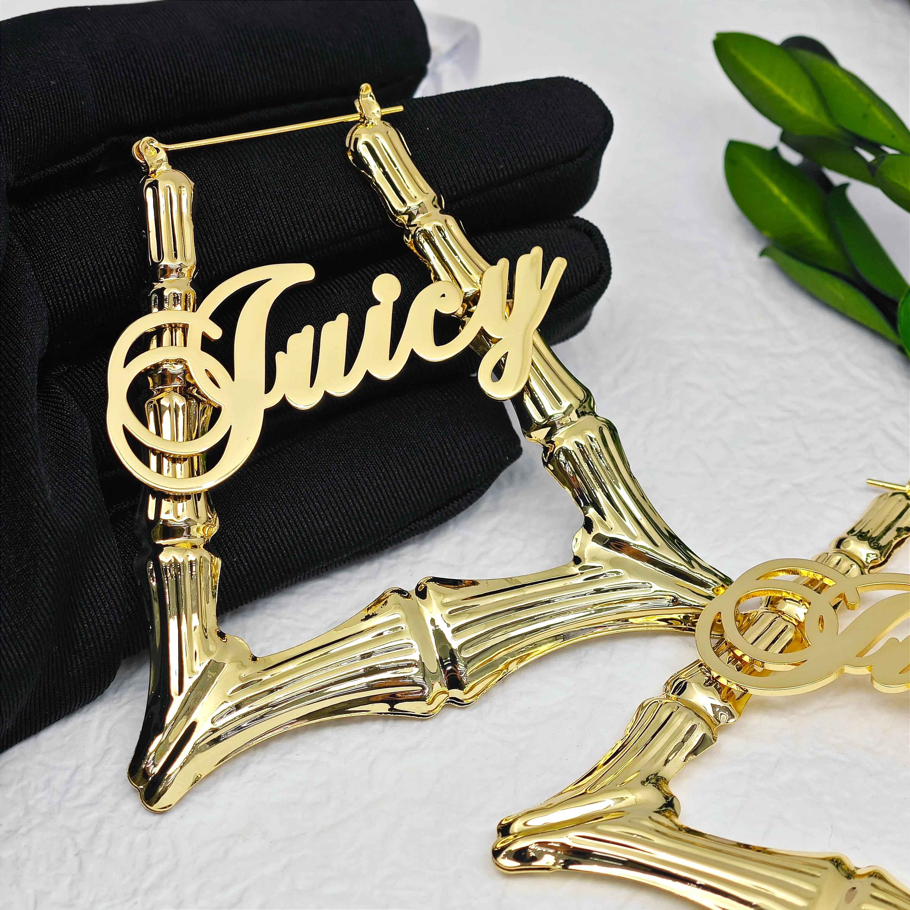 18k Gold Bamboo Name Earrings - Custom Big Statement Hoop Earrings