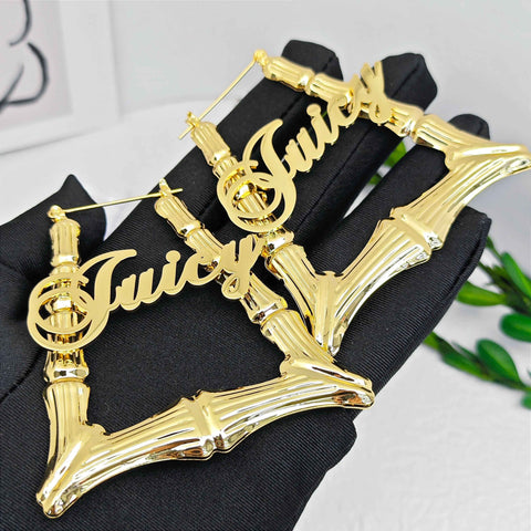 18k Gold Bamboo Custom name hoop earrings, Big Statement Bamboo name earrings