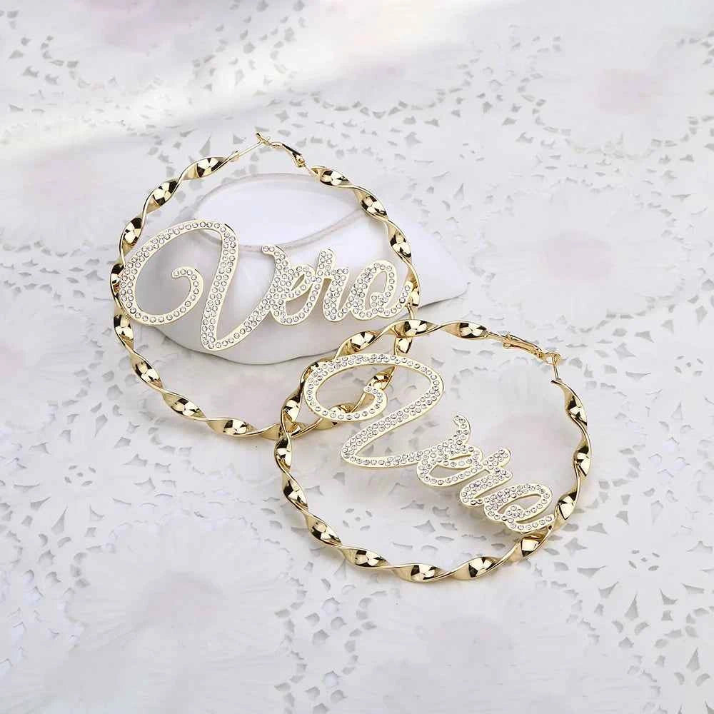 Custom Hoop Earrings ,Bling Name Earring ,Name Hoop Earrings , Big Hoop Earring