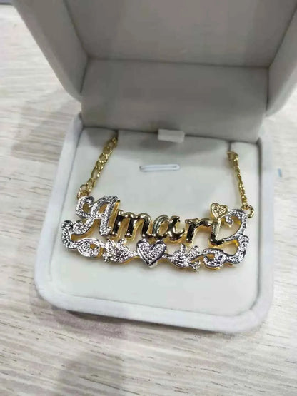 Double Layer Heart Name Necklace - Unisex Personalized Jewelry