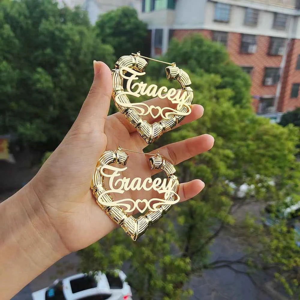 Custom Heart Bamboo Name Earrings , Custom Hoop Earrings