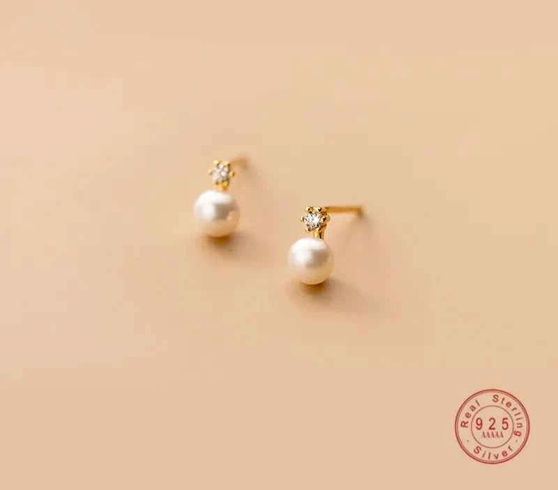 Sterling Silver Pearl Stud Earrings, Dainty CZ Diamond Earrings,Bridal Earrings
