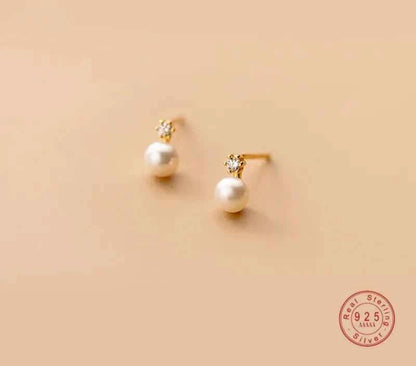 Sterling Silver Pearl Stud Earrings, Dainty CZ Diamond Earrings,Bridal Earrings
