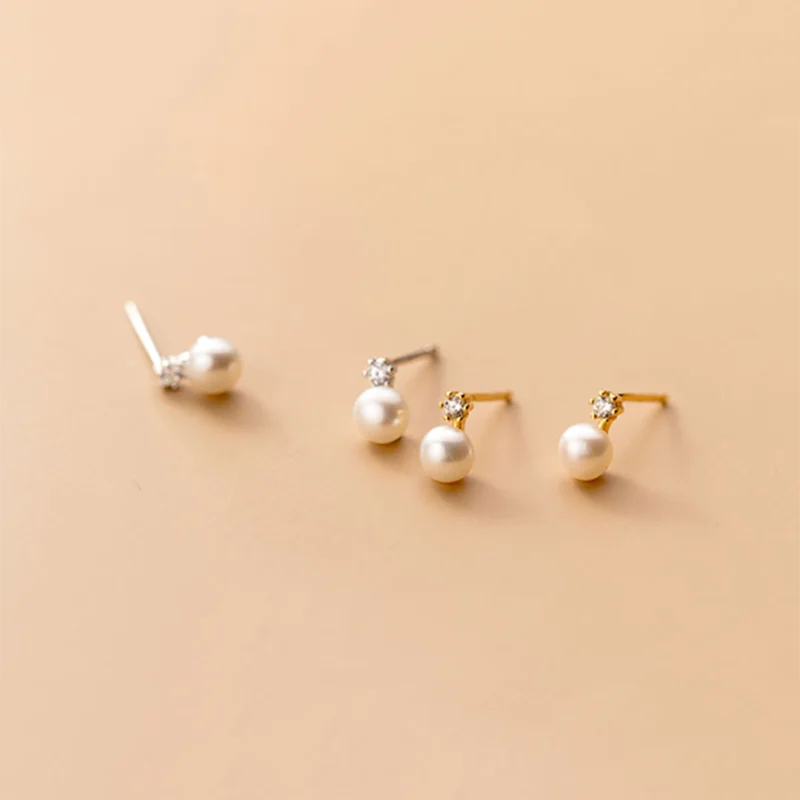 Sterling Silver Pearl Stud Earrings, Dainty CZ Diamond Earrings,Bridal Earrings - KNGifts