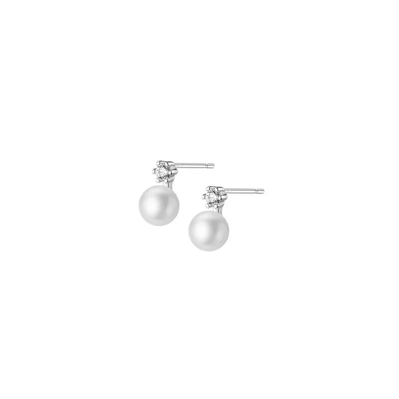 Sterling Silver Pearl Stud Earrings, Dainty CZ Diamond Earrings,Bridal Earrings - KNGifts
