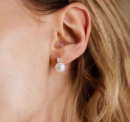 Sterling Silver Pearl Stud Earrings, Dainty CZ Diamond Earrings,Bridal Earrings