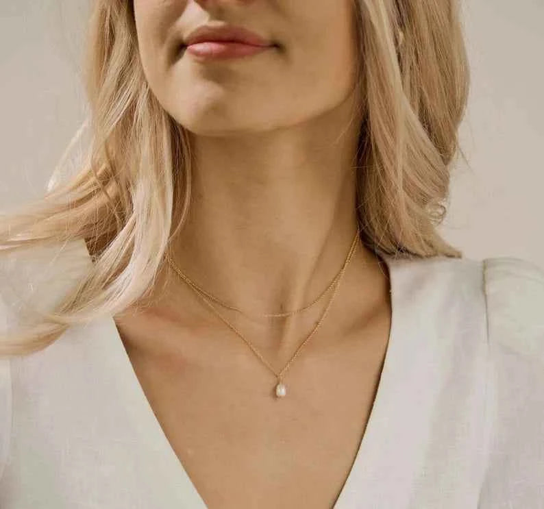 Tiny Freshwater Pearl Necklace, Double Layer Pearl Necklace, Gold Pearl Drop Necklace