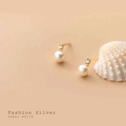 Sterling Silver Pearl Stud Earrings, Dainty CZ Diamond Earrings,Bridal Earrings