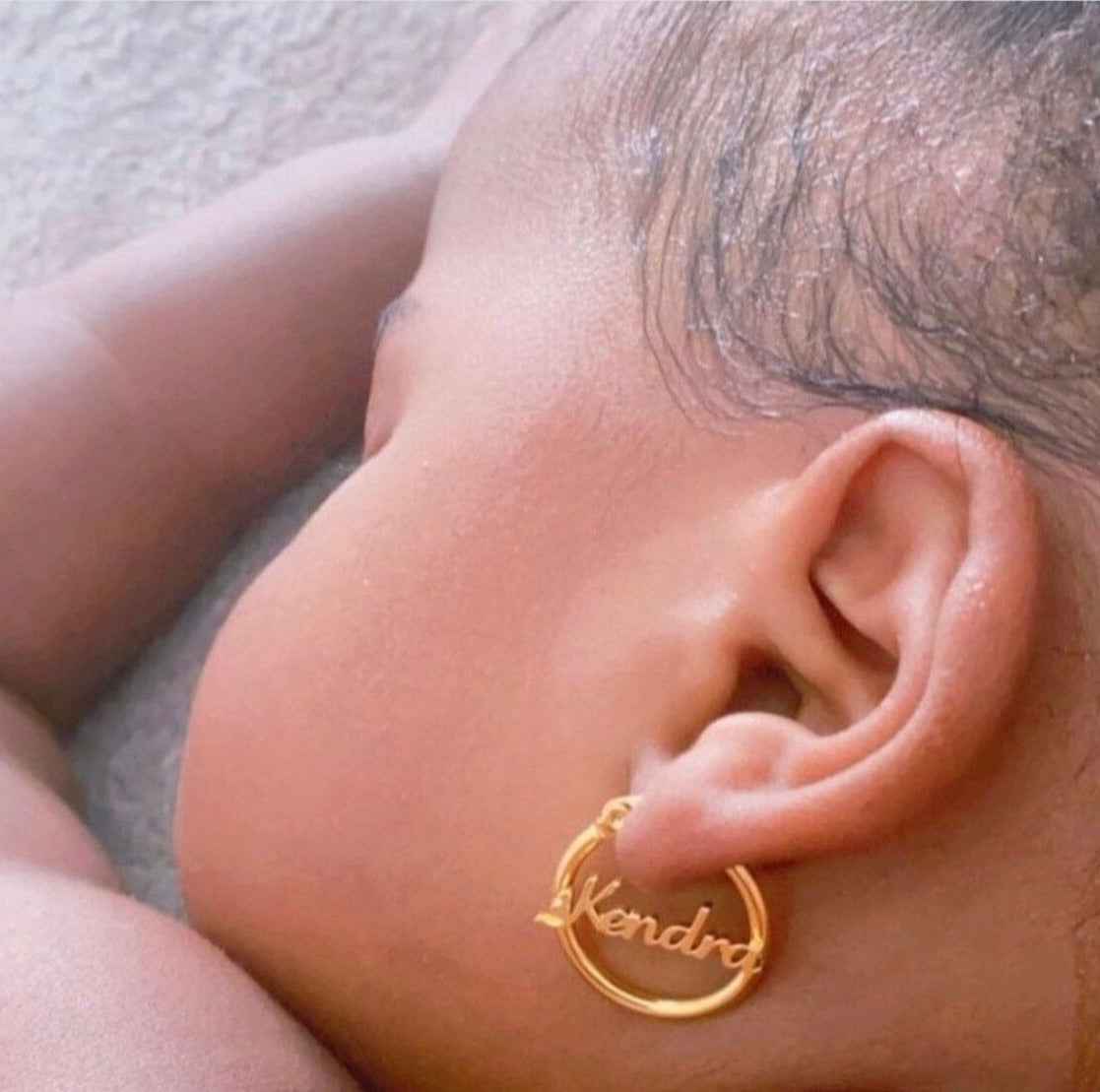 Dime size name hoop earrings for babies, kids, children