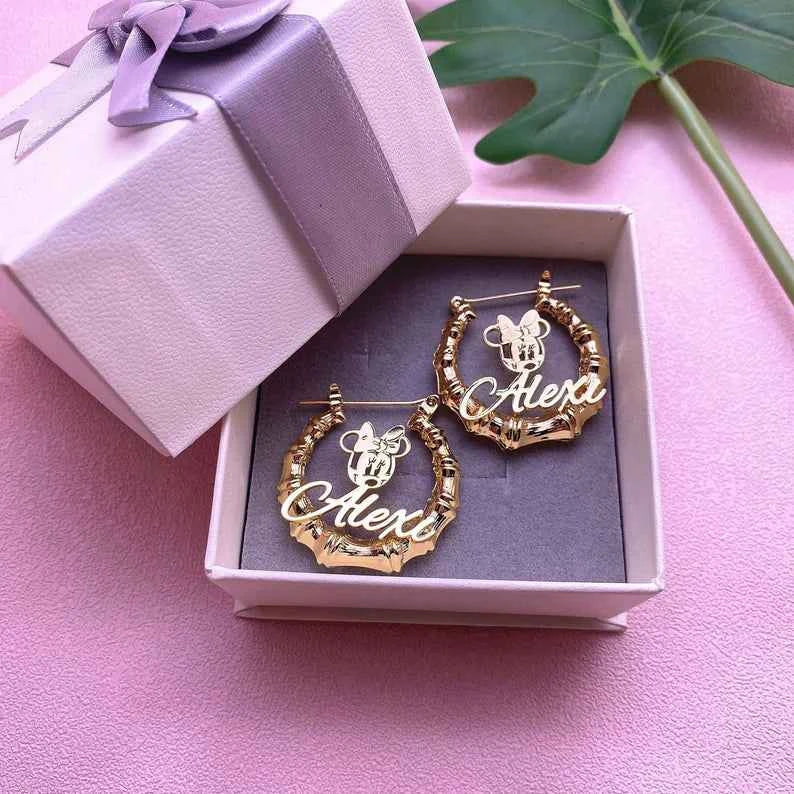 Girls Minnie Mouse Name Earrings - Bamboo Earrings for Kids