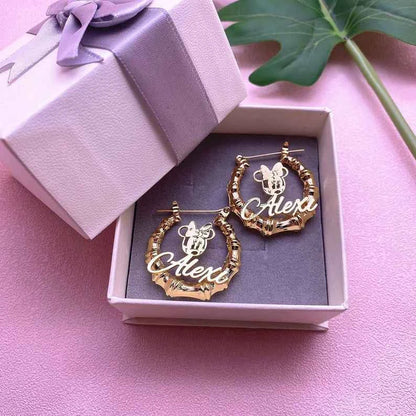 Girls Minnie Mouse Name Earrings - Bamboo Earrings for Kids