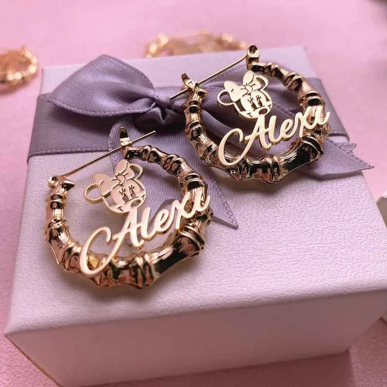 Girls Minnie Mouse Name Earrings - Bamboo Earrings for Kids