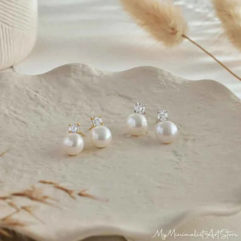 Sterling Silver Pearl Stud Earrings, Dainty CZ Diamond Earrings,Bridal Earrings