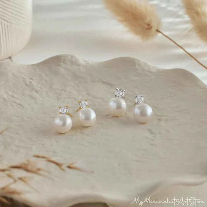 Sterling Silver Pearl Stud Earrings, Dainty CZ Diamond Earrings,Bridal Earrings
