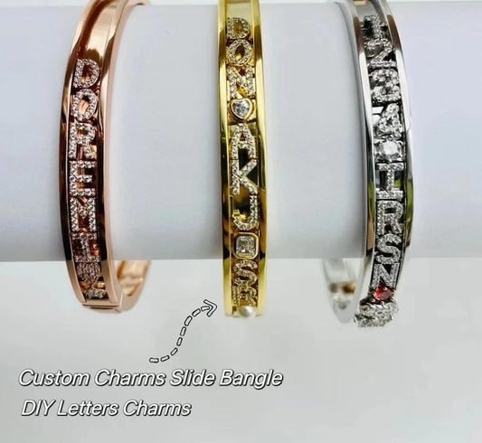 Custom Name Bangle - Personalized Gold Bracelet with Zirconia Charms for Unique Gifting