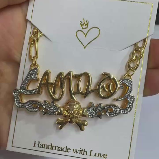 Custom Gold Name Necklace with Skull Pendant 1