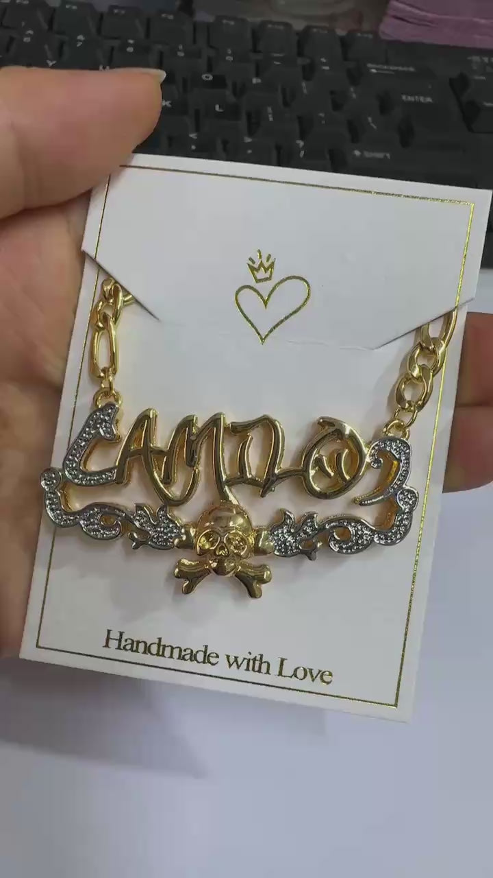 Custom Gold Name Necklace with Skull Pendant 1